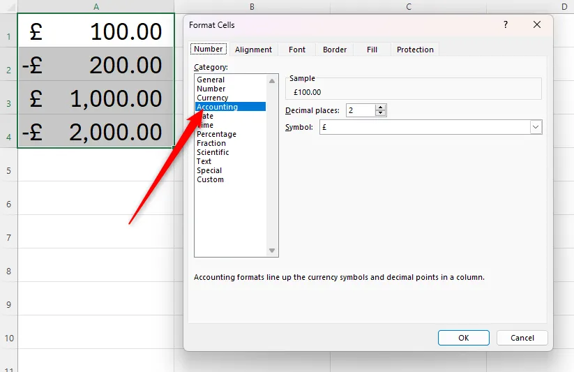 Hộp thoại Format Cells của Excel cho định dạng Accounting, minh họa cách hiển thị số âm mặc định