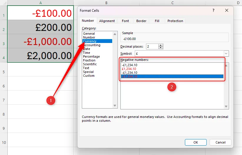 Hộp thoại Format Cells của Excel cho định dạng Currency, hiển thị tùy chọn hiển thị số âm