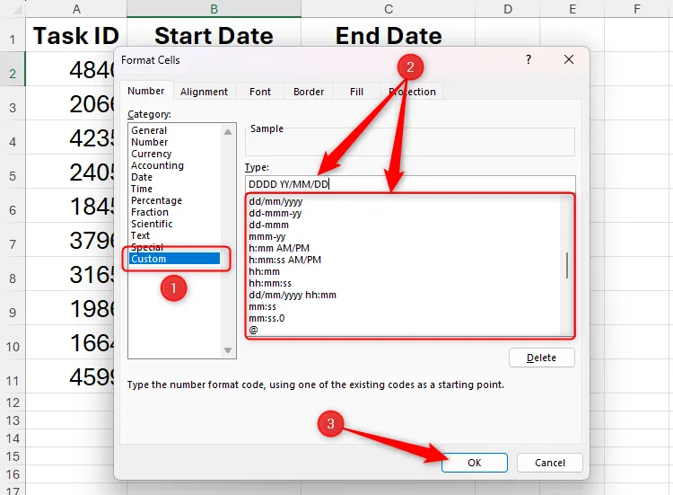 Hộp thoại Format Cells của Excel với danh mục Custom, hiển thị các tùy chọn định dạng ngày tháng tùy chỉnh