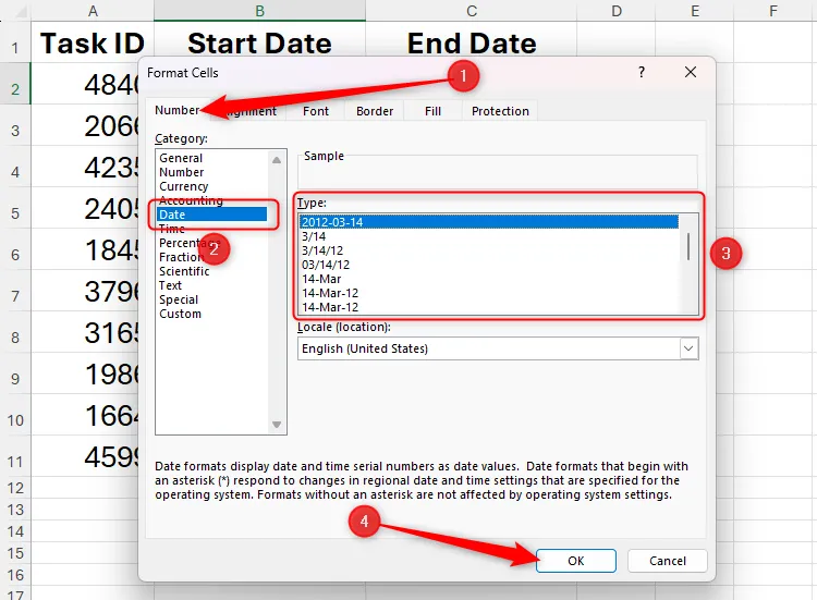 Hộp thoại Format Cells của Excel với danh mục Date được chọn và các tùy chọn định dạng ngày tháng