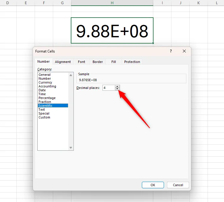 Hộp thoại Format Cells của Excel với định dạng số khoa học được chọn và số chữ số thập phân tăng lên 4