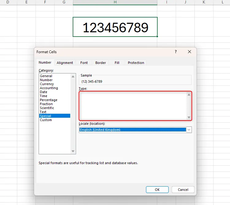 Hộp thoại Format Cells trong Excel cho thấy không có tùy chọn Vương quốc Anh cho định dạng số Special