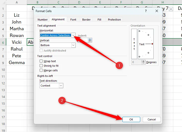 Hộp thoại Format Cells trong Excel với tab Alignment mở, tùy chọn Horizontal được đặt là Center Across Selection