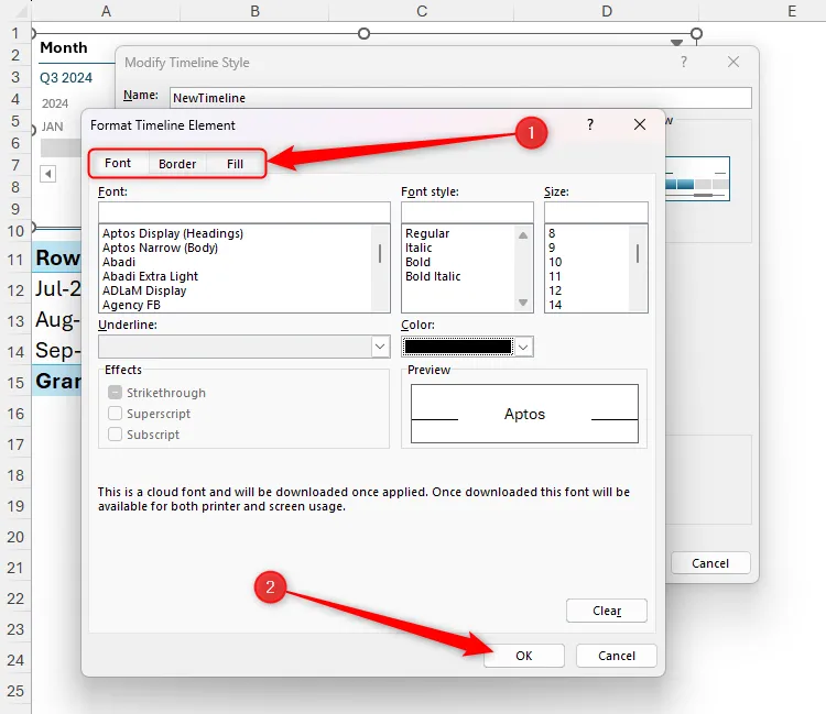 Hộp thoại Format Timeline Element trong Excel, hiển thị các tab &quot;Font&quot;, &quot;Border&quot;, &quot;Fill&quot; được tô sáng và nút OK để lưu thay đổi.