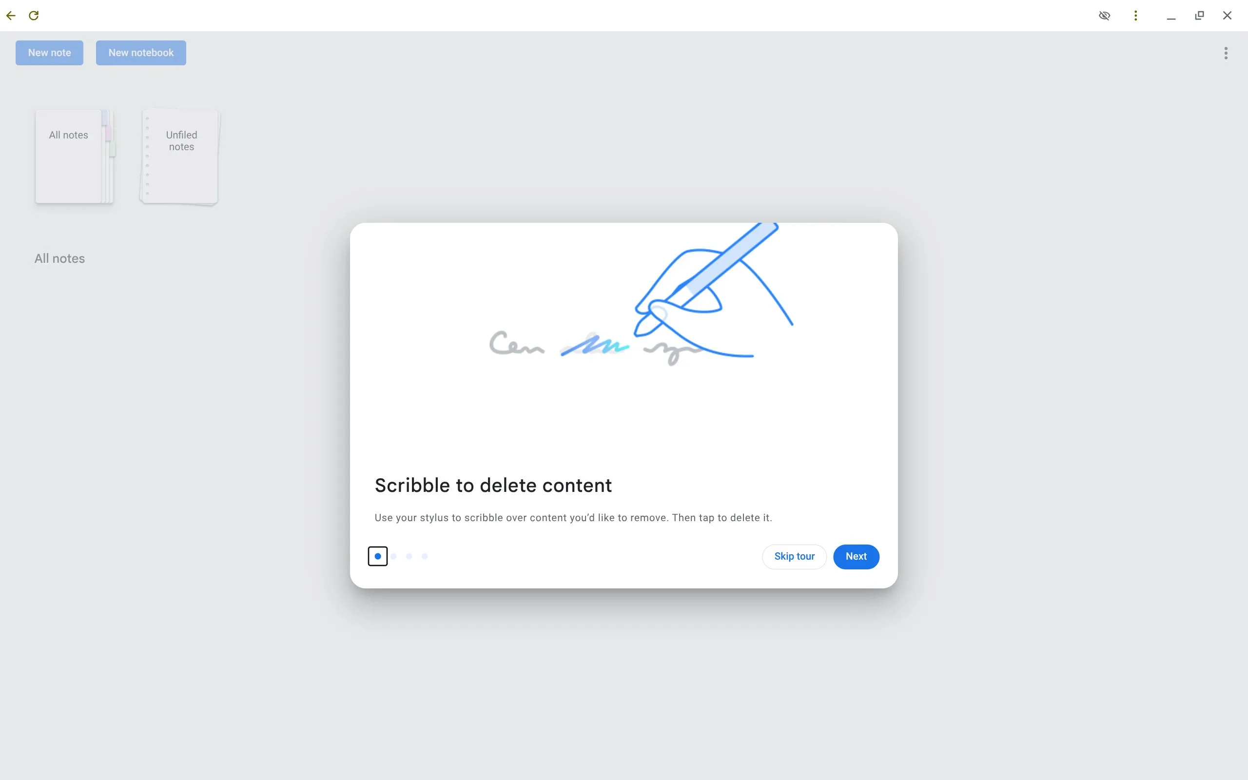 Hộp thoại hiển thị cử chỉ xóa trong ứng dụng Cursive trên Chromebook