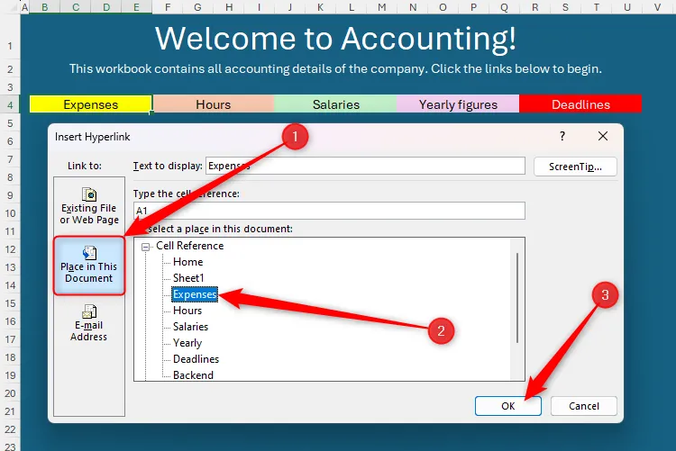 Hộp thoại Insert Hyperlink (Chèn Siêu Liên Kết) trong Excel, với tab 'Place In This Document' (Vị trí trong Tài liệu này) được mở và trang tính 'Expenses' (Chi phí) được chọn.