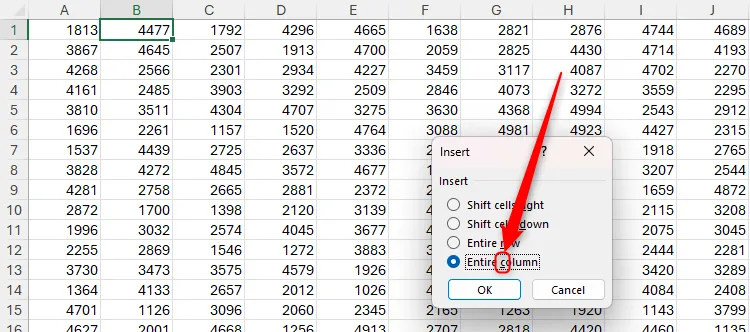 Hộp thoại Insert trong Excel với tùy chọn Entire Column được chọn qua phím tắt C