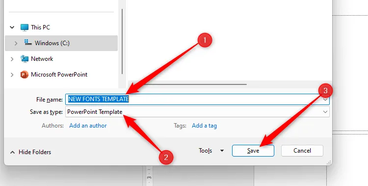 Hộp thoại Lưu dưới dạng (Save As) trong PowerPoint, chọn định dạng PowerPoint Template để lưu mẫu mới.