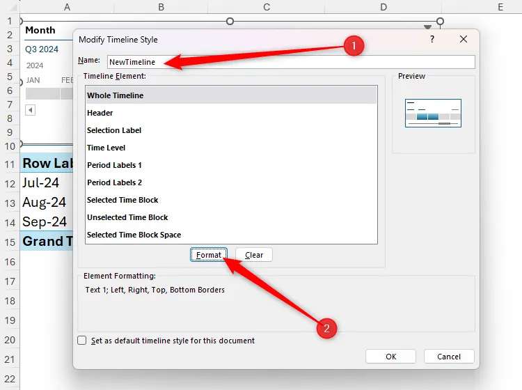 Hộp thoại Modify Timeline Style trong Excel, với trường &quot;Name&quot; đã điền và nút &quot;Format&quot; được chọn để tùy chỉnh định dạng.