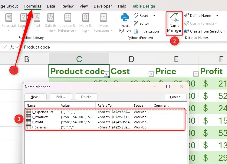 Hộp thoại Name Manager của Excel hiển thị danh sách các tên bảng trong workbook giúp quản lý dễ dàng