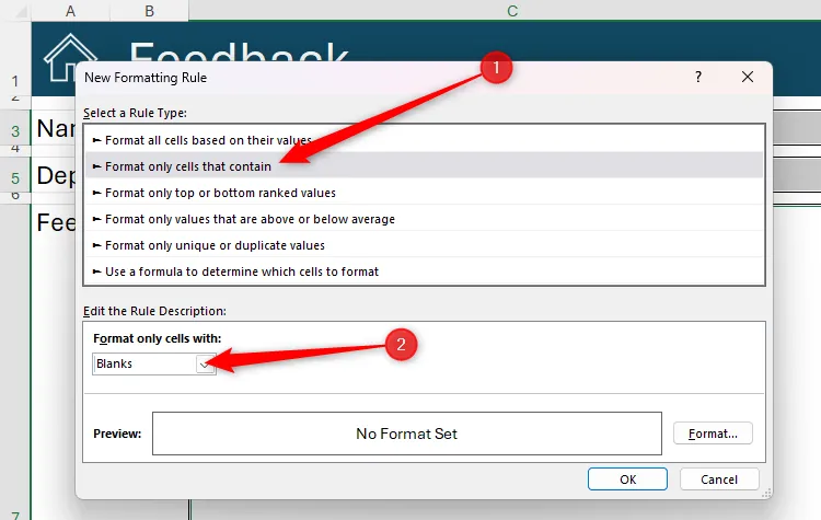 Hộp thoại &quot;New Formatting Rule&quot; (Quy tắc định dạng mới) trong Microsoft Excel, với tùy chọn &quot;Format Only Cells That Contain&quot; (Chỉ định dạng các ô chứa) và &quot;Blanks&quot; (Ô trống) được chọn