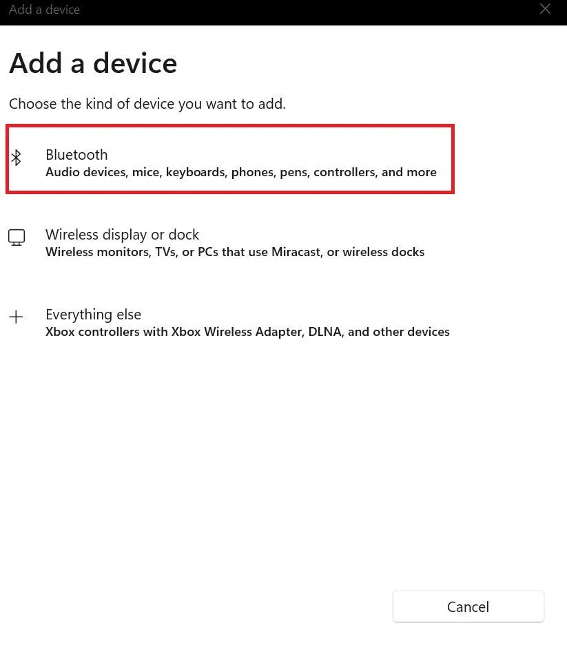 Hộp thoại &quot;Thêm thiết bị&quot; của Windows, chọn tùy chọn Bluetooth để ghép nối tay cầm Xbox
