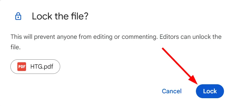 Hộp thoại xác nhận khóa file trong Google Drive, thông báo về việc chặn chỉnh sửa