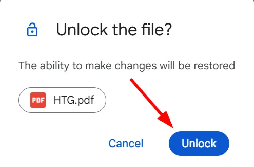 Hộp thoại xác nhận mở khóa file trong Google Drive, khôi phục khả năng chỉnh sửa