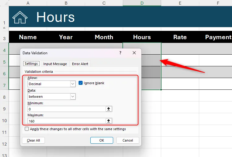 Hộp thoại Xác thực Dữ liệu trong Microsoft Excel, thiết lập giới hạn nhập liệu là số thập phân từ 0 đến 160, đảm bảo tính chính xác của dữ liệu