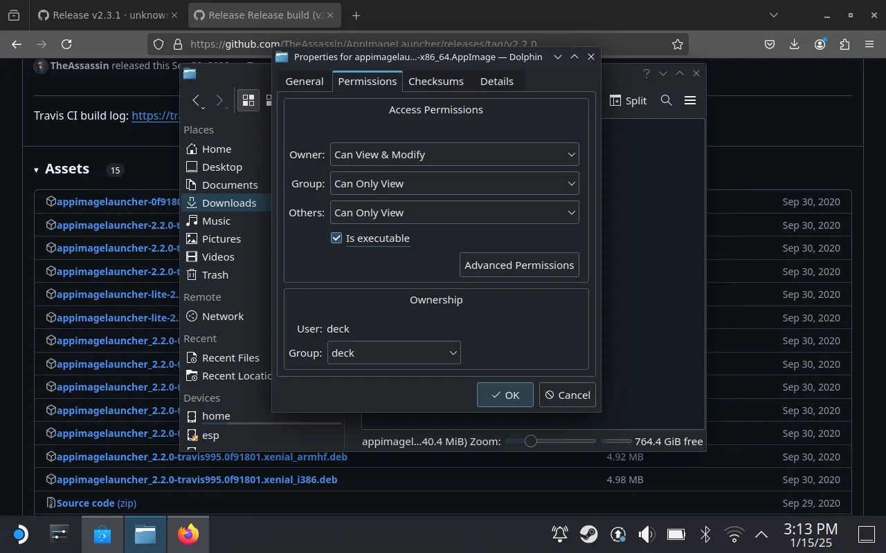 Hướng dẫn cấp quyền thực thi cho file cài đặt AppImageLauncher trên Steam Deck