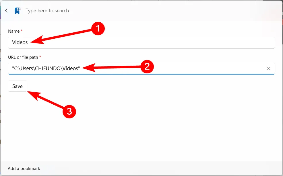 Hướng dẫn thêm một mục đánh dấu (bookmark) mới trong Command Palette trên Windows, với các trường nhập tên bookmark và đường dẫn URL hoặc file.