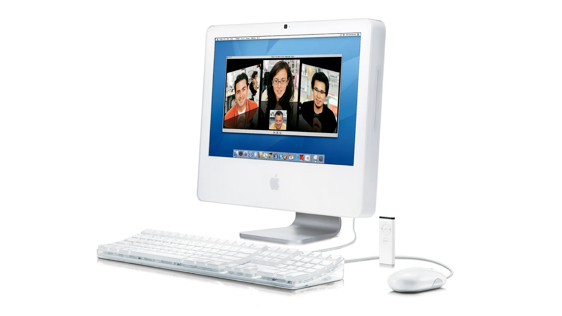 iMac Intel Polycarbonate màu trắng trên nền trắng, thể hiện thiết kế của thế hệ đầu tiên dùng chip Intel