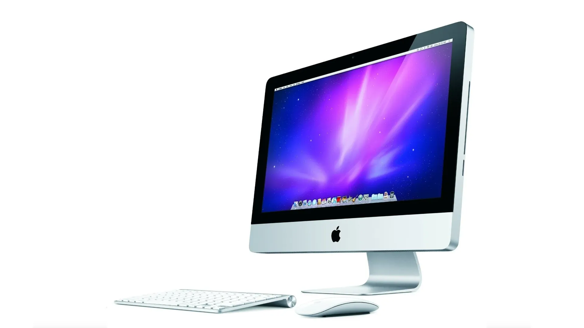 iMac nhôm màu bạc trên nền trắng, cho thấy thiết kế mặt trước bằng nhôm và mặt sau màu đen