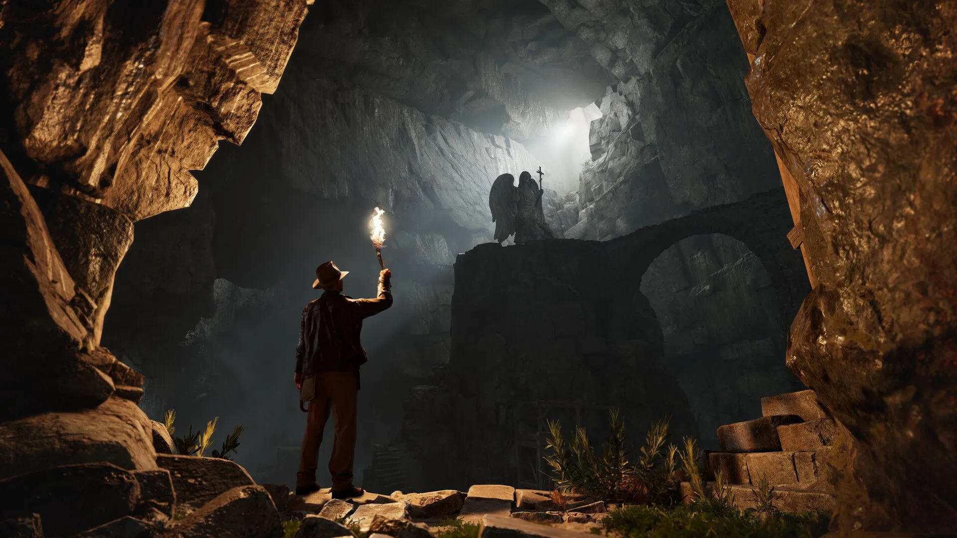 Indiana Jones khám phá ngôi đền cổ và tượng trong DLC The Order of Giants.