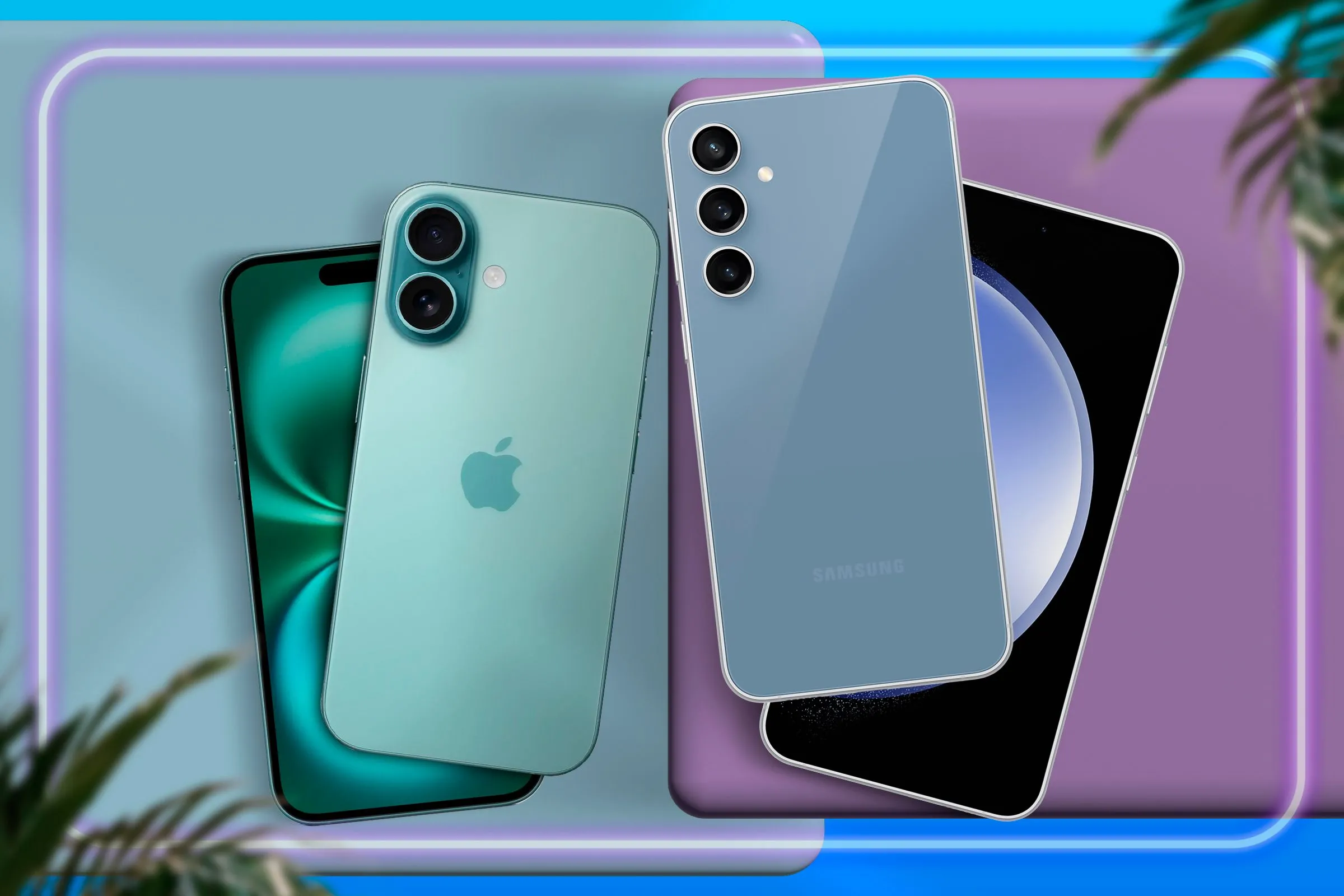 iPhone 16 màu bạc cạnh Galaxy S23 màu đen trên nền trắng