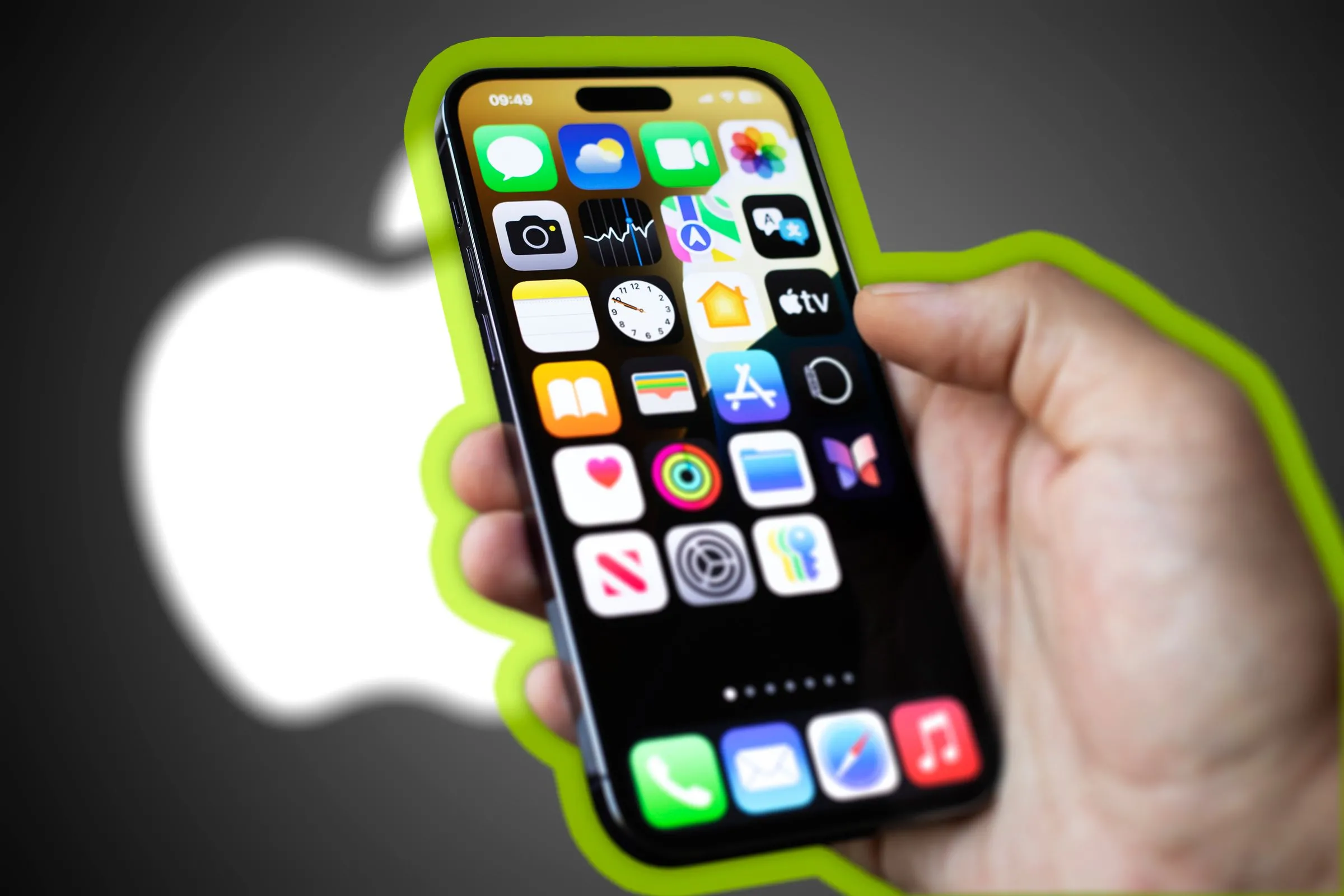 iPhone với các biểu tượng ứng dụng bị ẩn tên và logo Apple ở nền.