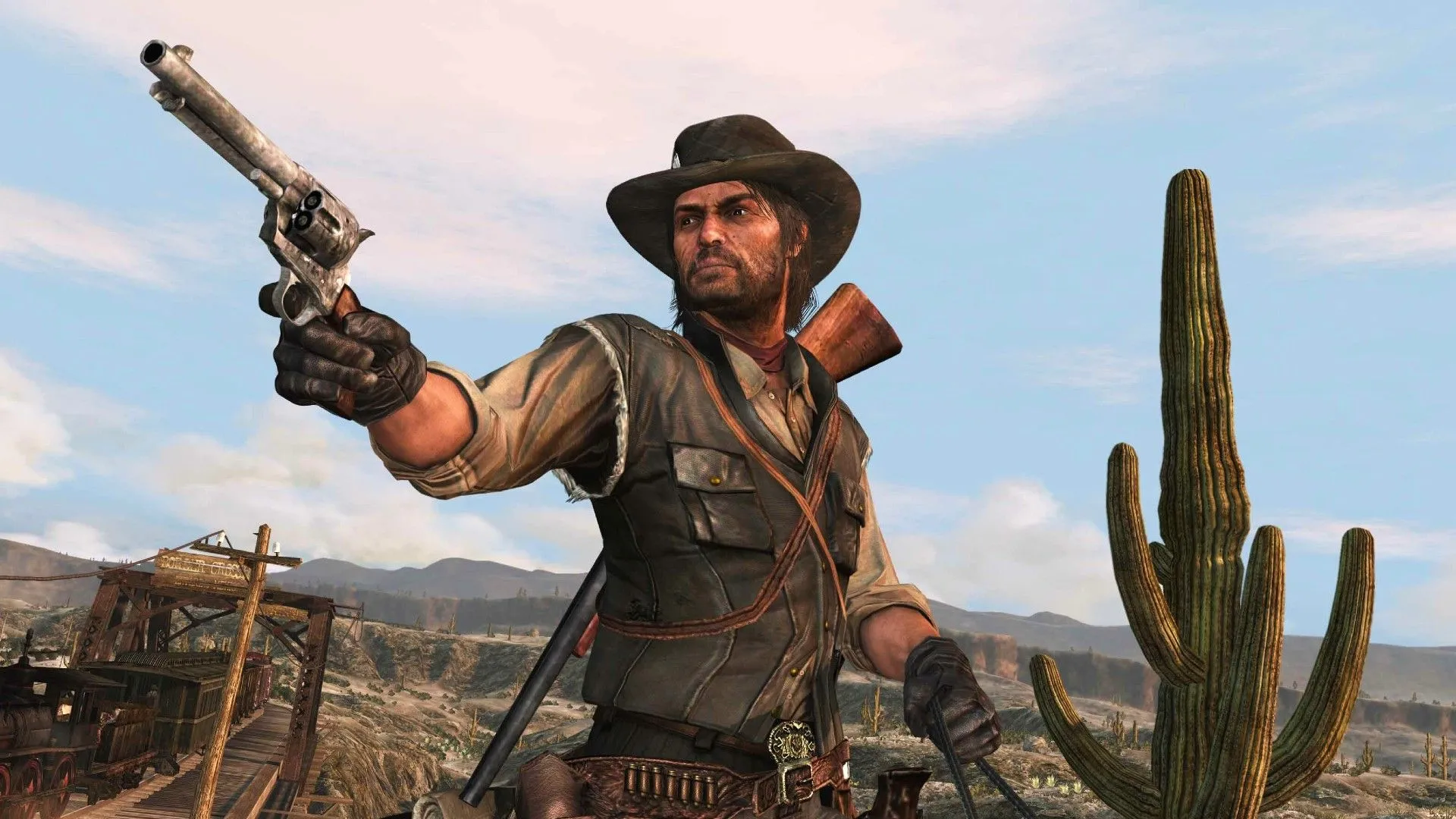 John Marston, người cao bồi đơn độc, ngắm bắn vũ khí về phía trái trong ánh hoàng hôn của miền Tây hoang dã, thể hiện sự quyết đoán và bi tráng