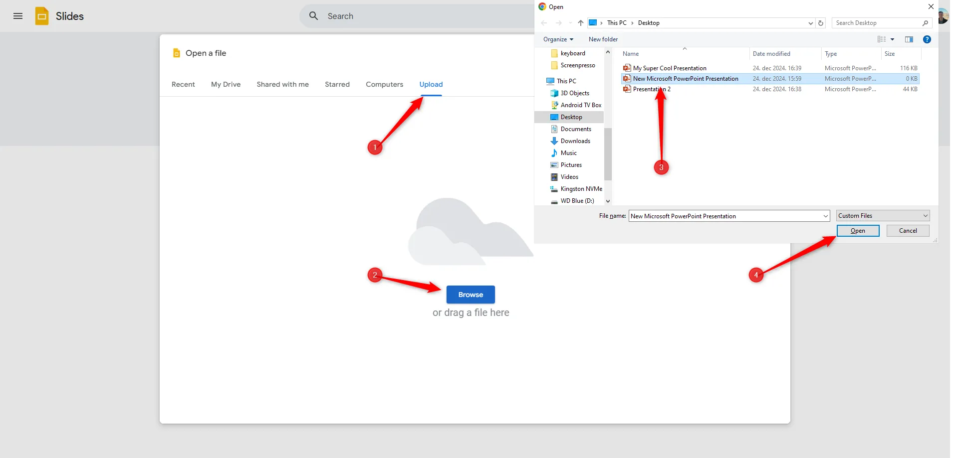 Kéo và thả file hoặc chọn duyệt để tải bài thuyết trình lên Google Slides