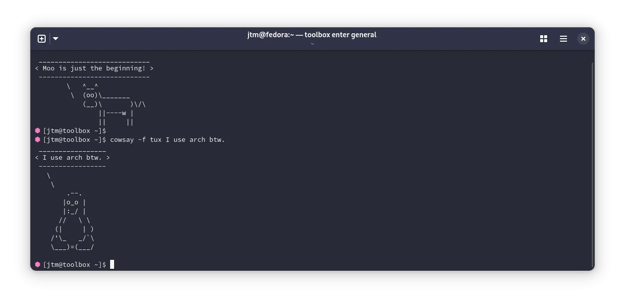 Kết quả của lệnh cowsay in ra lời thoại từ một con bò trong terminal Linux.