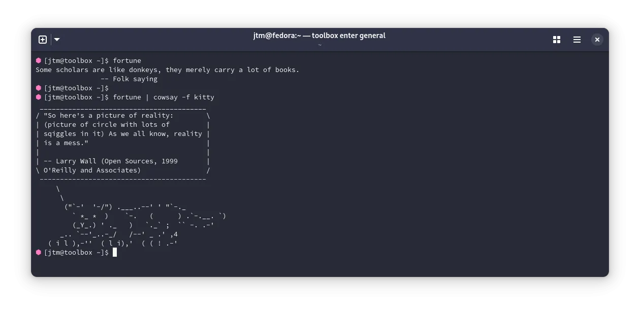 Kết quả của lệnh fortune hiển thị một câu nói ngẫu nhiên trên terminal Linux.