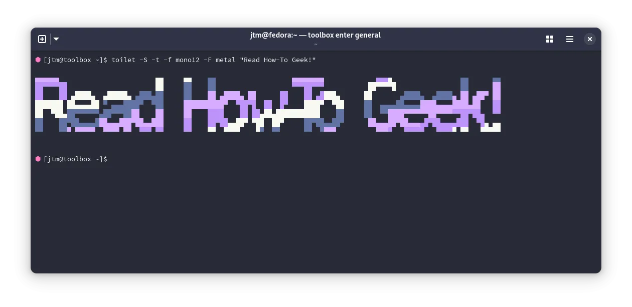 Kết quả của lệnh toilet in dòng chữ &quot;Read How-To Geek&quot; với màu sắc và hiệu ứng trong terminal Linux.