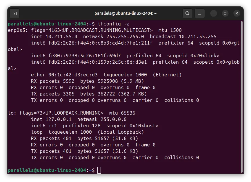 Kết quả lệnh ifconfig -a hiển thị địa chỉ IP trên giao diện terminal của Ubuntu Linux