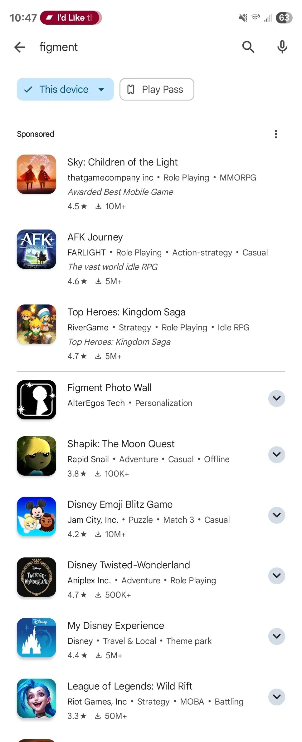 Kết quả tìm kiếm game Figment trên Google Play Store không có tựa game này