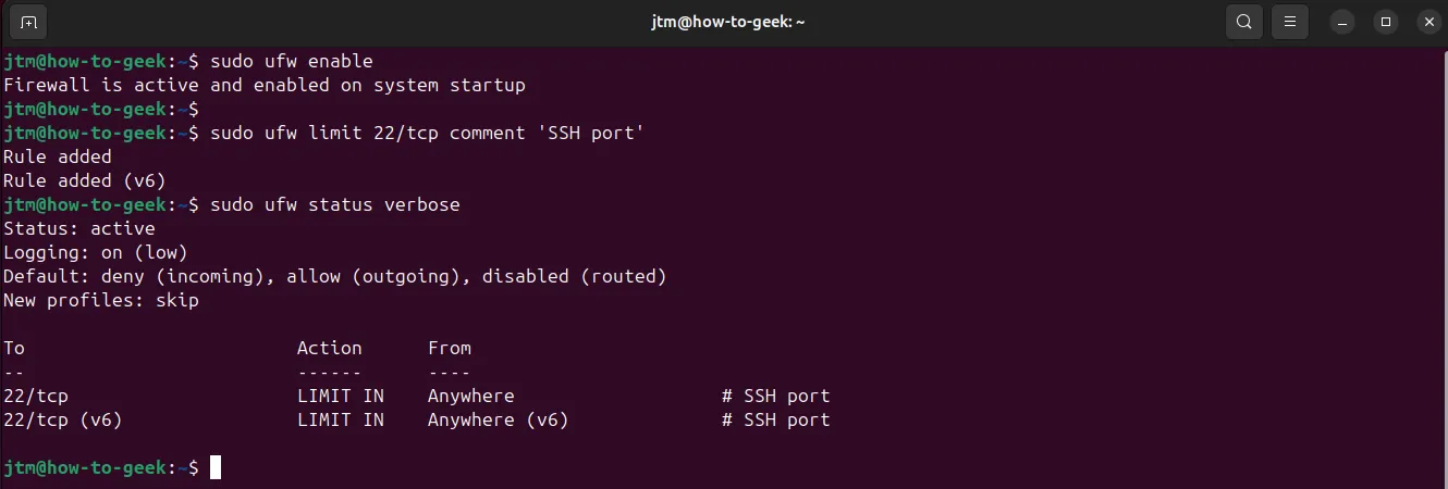 Kết quả từ các lệnh kích hoạt và kiểm tra trạng thái tường lửa UFW trên terminal Ubuntu.
