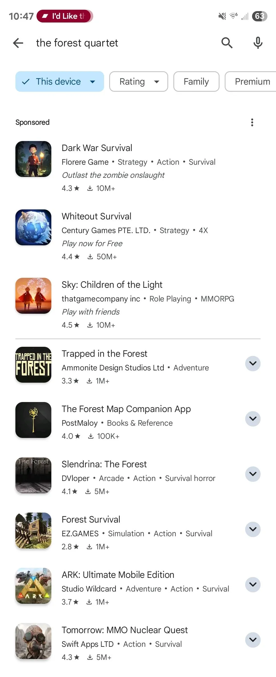 Không tìm thấy tựa game The Forest Quartet khi tìm kiếm trên Google Play Store