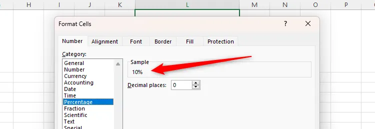 Khu vực Sample trong tab Number của hộp thoại Format Cells trong Excel hiển thị cách định dạng phần trăm ảnh hưởng đến dữ liệu