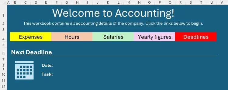 Khu vực trên trang tính Excel được thiết kế để hiển thị chi tiết hạn chót tiếp theo, bao gồm biểu tượng lịch đã chỉnh sửa.