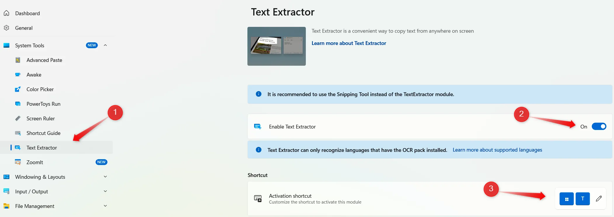 Kích hoạt tính năng Text Extractor trong ứng dụng PowerToys trên Windows để trích xuất văn bản từ màn hình.