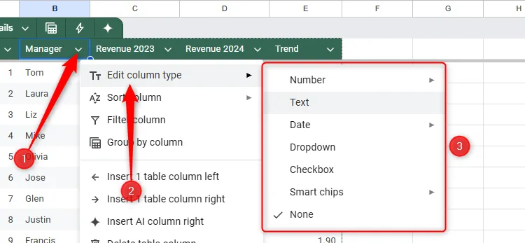 Kiểu dữ liệu của một cột trong Google Sheets đang được thay đổi thông qua tùy chọn &quot;Edit Column Type&quot;.