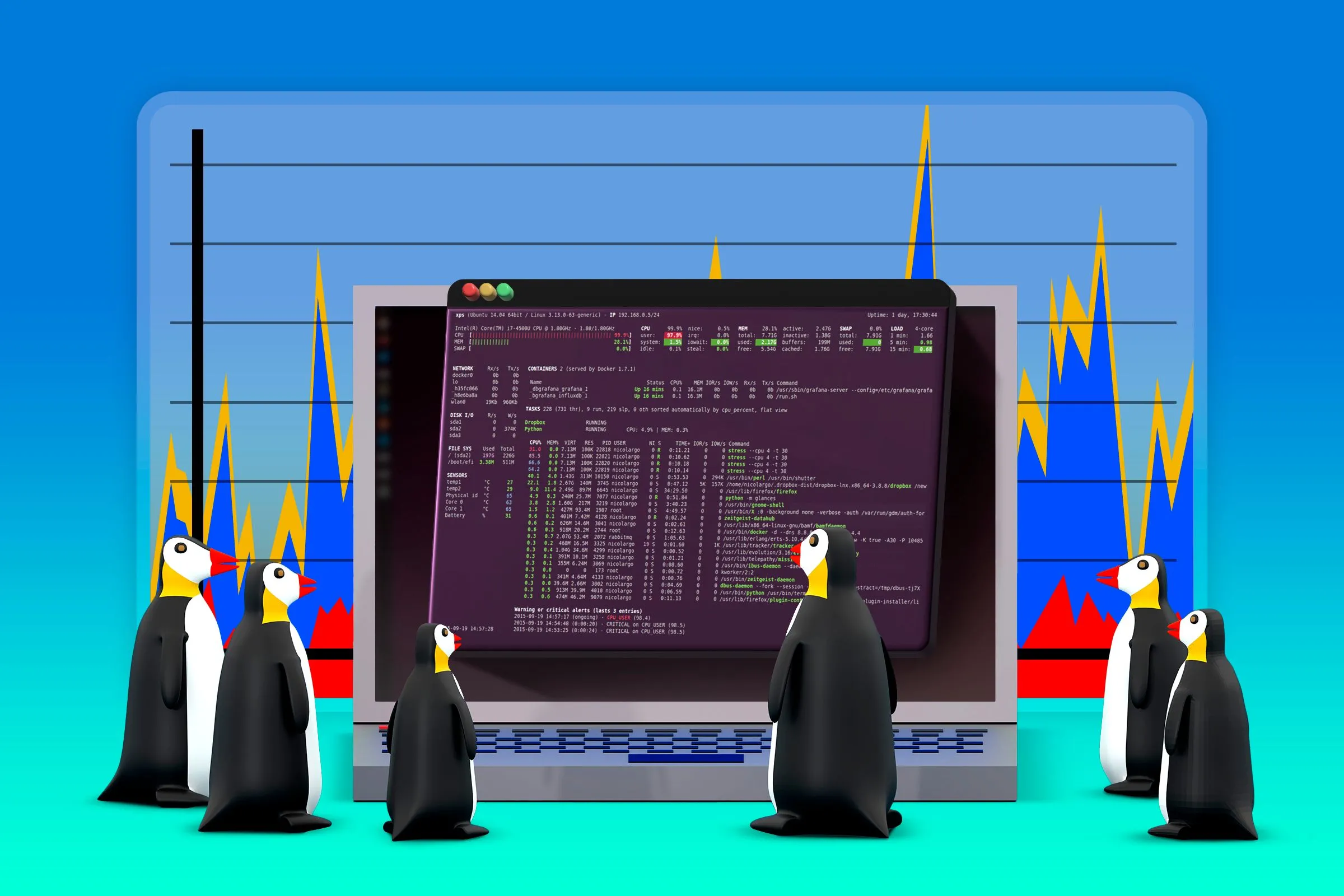 Laptop Linux với cửa sổ terminal đang mở, nhiều chim cánh cụt nhìn vào màn hình và biểu đồ hiệu suất ở phía sau.