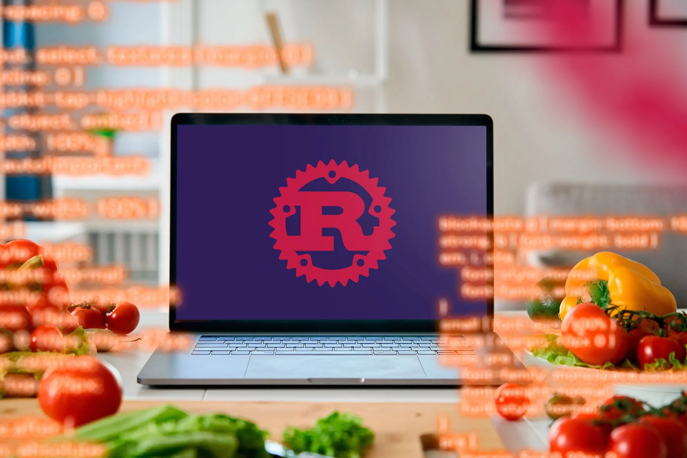 Laptop với logo Rust trên màn hình, trên bàn là các thành phần điện tử, thể hiện môi trường phát triển với ngôn ngữ Rust.