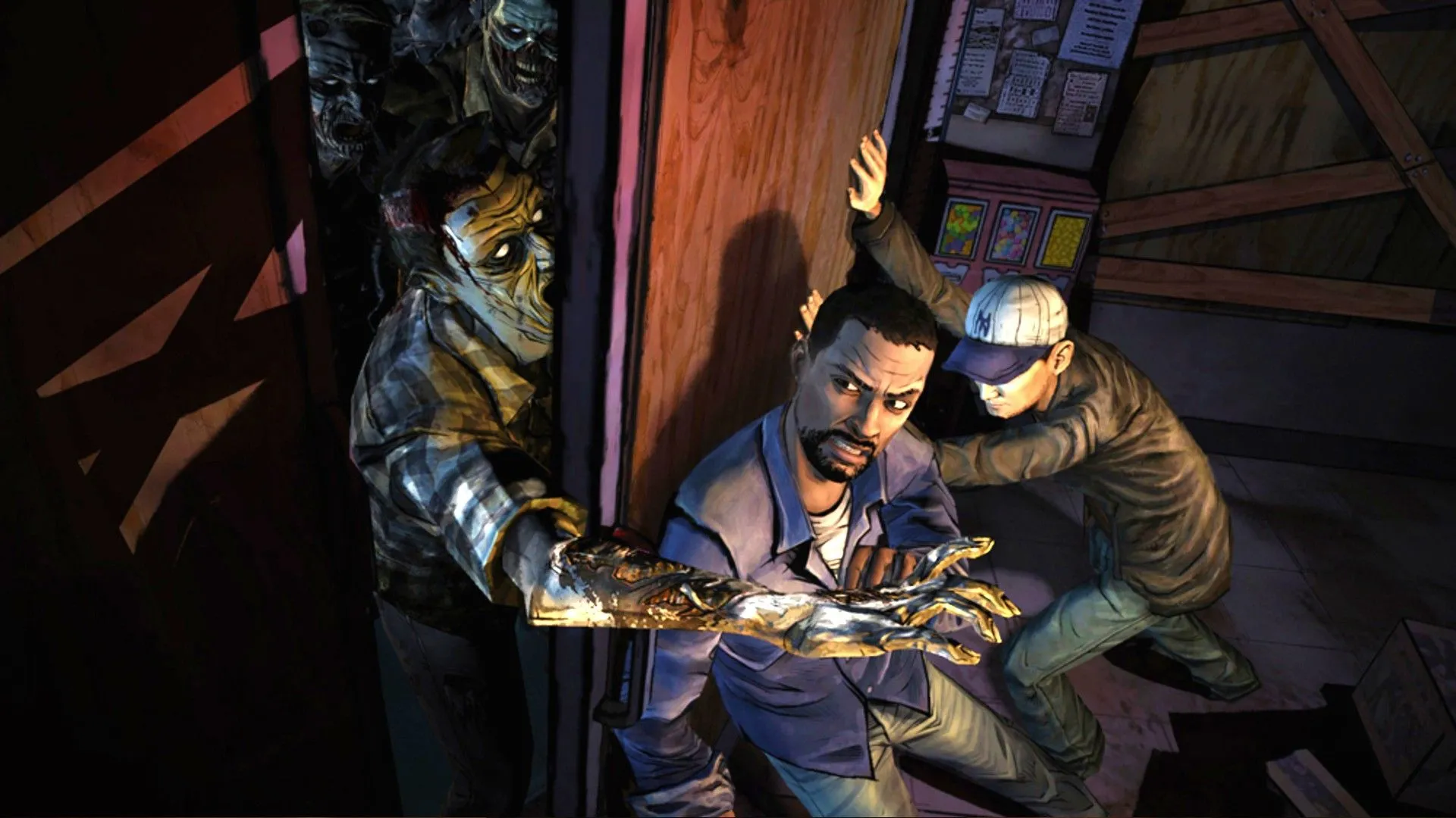 Lee Everett cố gắng giữ cánh cửa kiên cường trước lũ zombie, bảo vệ Clementine trong khoảnh khắc cuối cùng đầy bi tráng của The Walking Dead