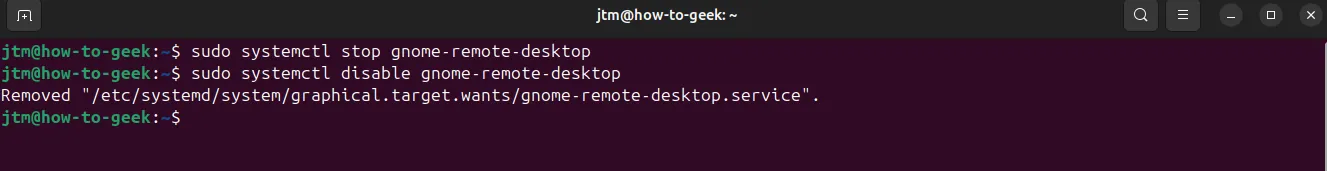 Lệnh dừng và vô hiệu hóa dịch vụ gnome-remote-desktop trên terminal Ubuntu để tăng cường bảo mật.