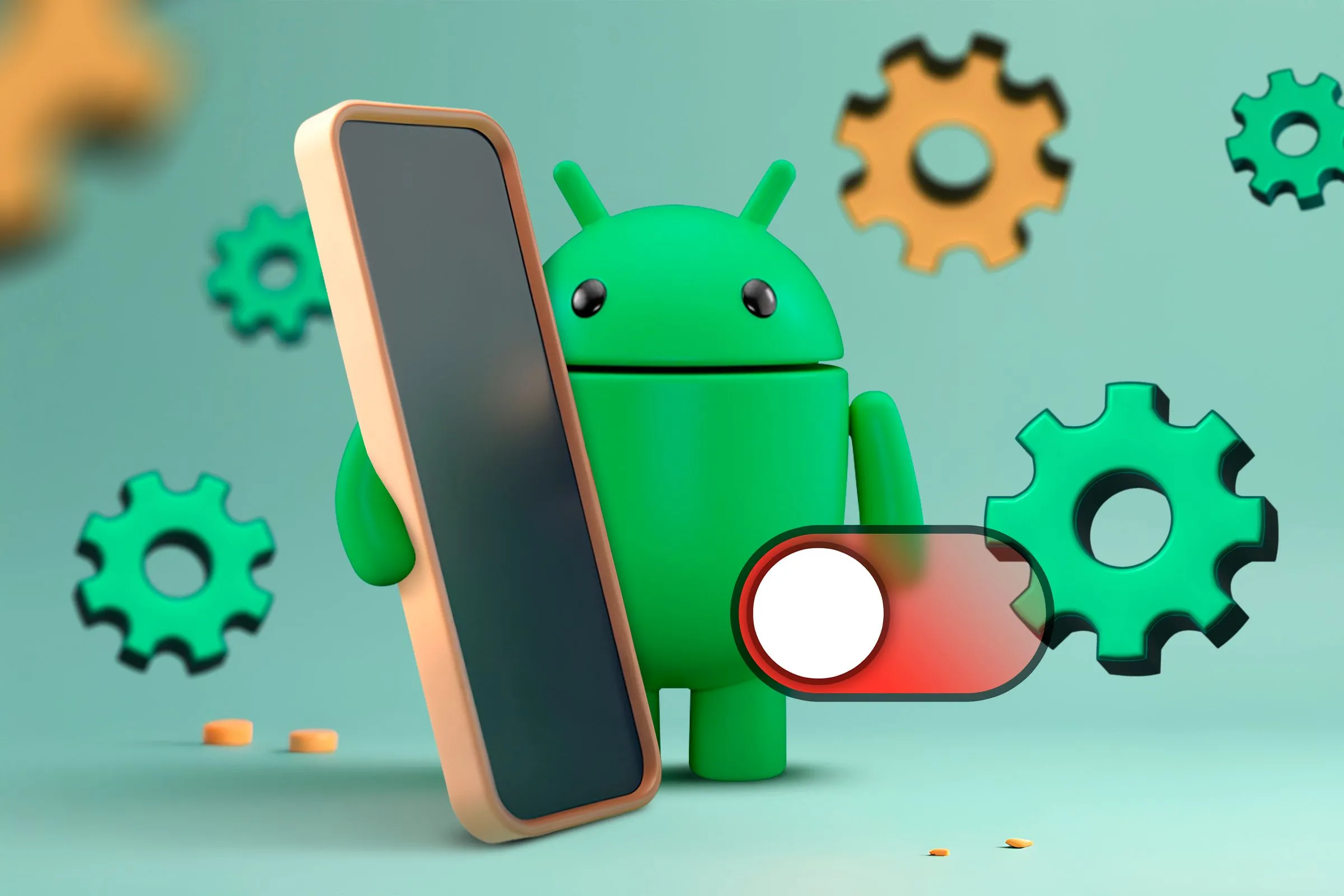 Linh vật Android bên cạnh điện thoại với các biểu tượng cài đặt