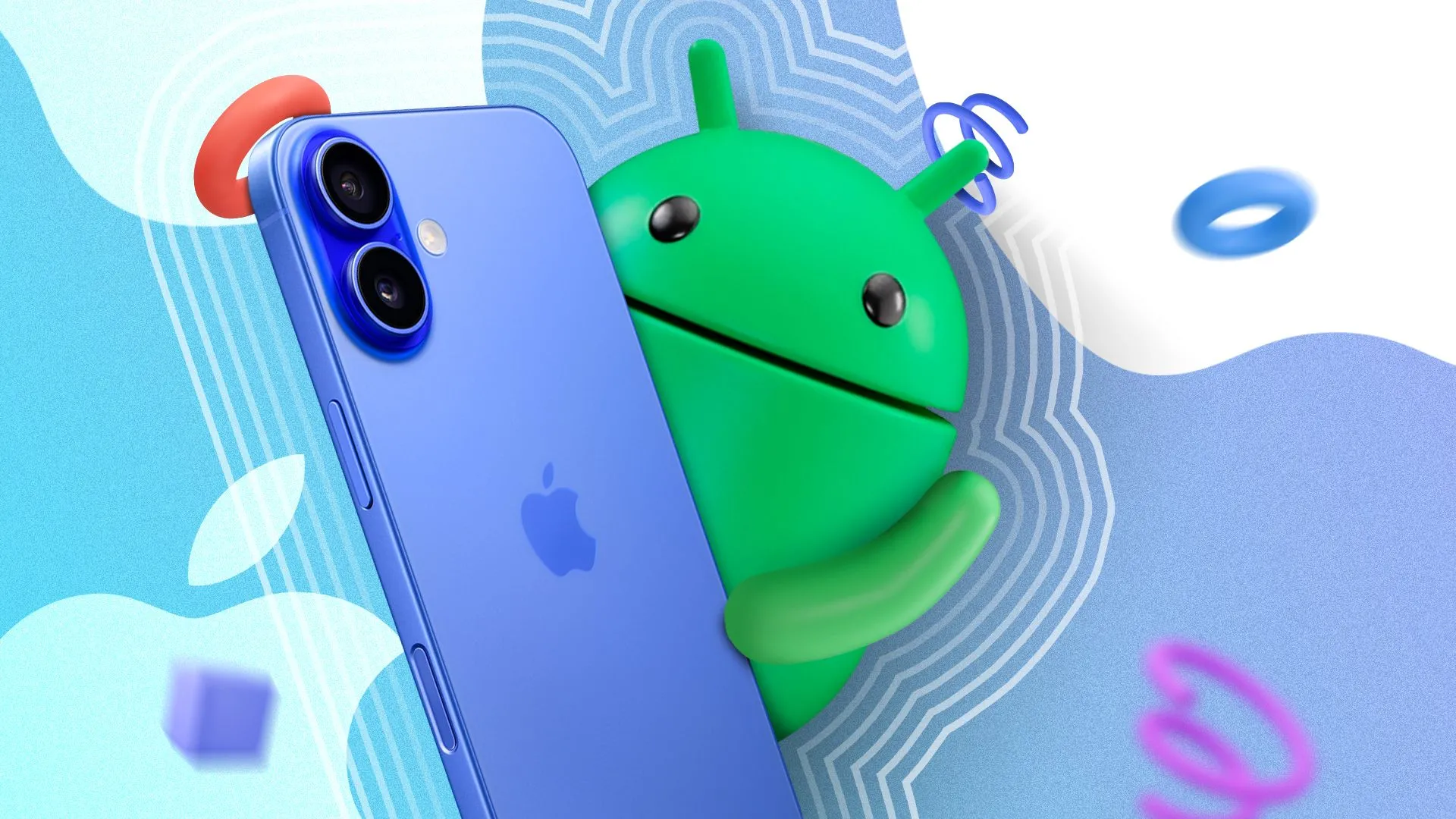 Linh vật Android cầm trên tay chiếc iPhone 16, biểu tượng cho sự cạnh tranh gay gắt và sự khó khăn trong việc chuyển đổi hệ sinh thái giữa các thương hiệu lớn như Apple và Android, dẫn đến thị trường smartphone ngày càng độc quyền và ít không gian cho các đổi mới đột phá.