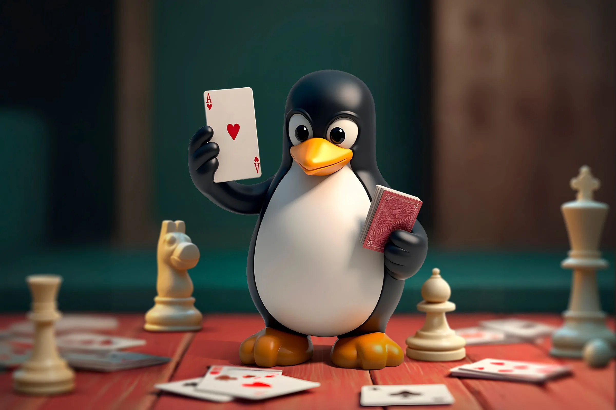 Linh vật Linux Tux đang cầm các quân bài, xung quanh là cờ vua và các quân bài khác