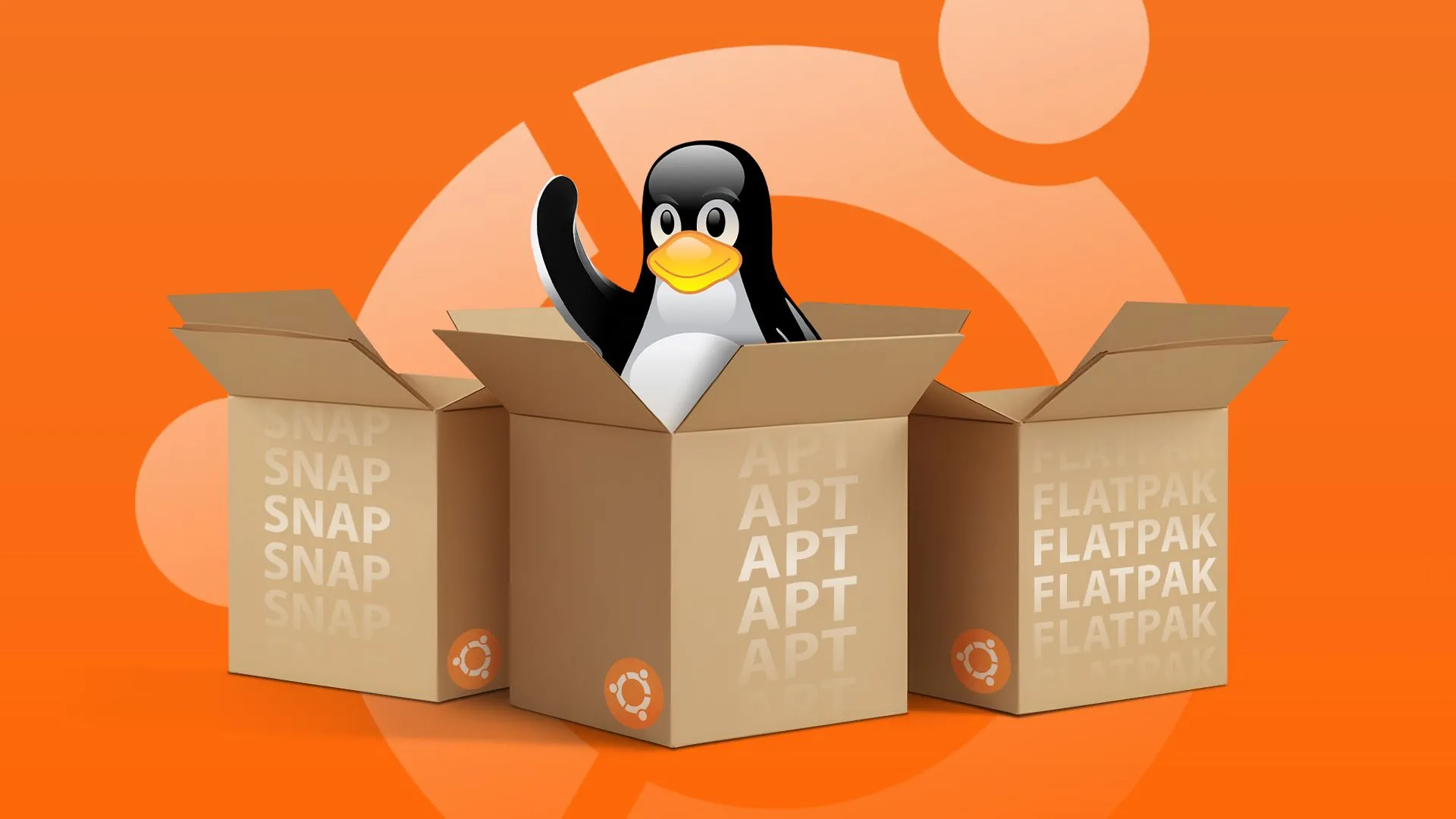 Linh vật Linux Tux nằm trong một hộp, với hai hộp khác bên cạnh và logo Ubuntu ở hậu cảnh, tượng trưng cho cách các bản phân phối Linux quản lý kho ứng dụng và phần mềm.