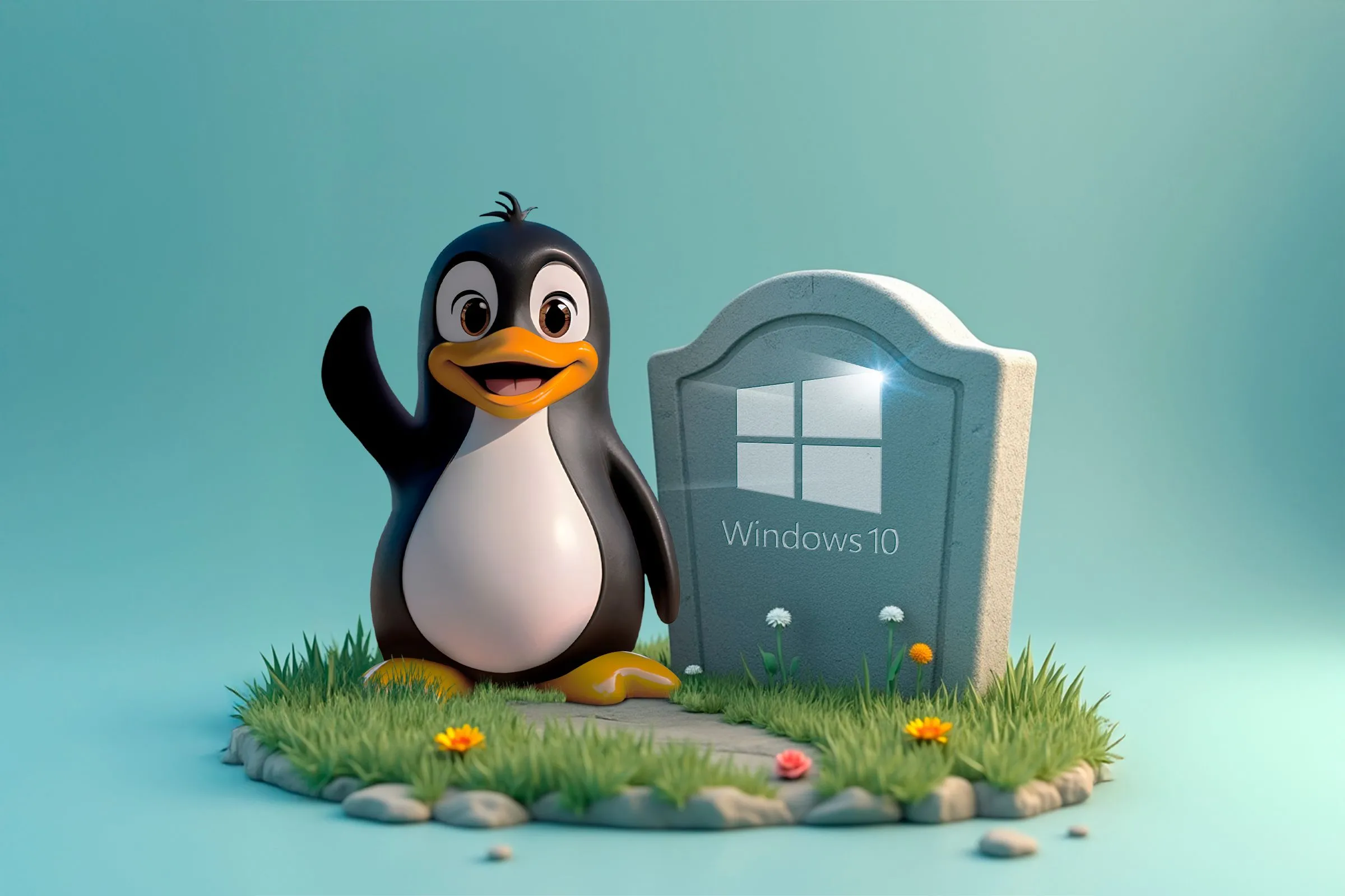 Linh vật Linux Tux vẫy tay bên cạnh bia mộ có logo Windows 10, biểu tượng của sự thay đổi hệ điều hành gaming