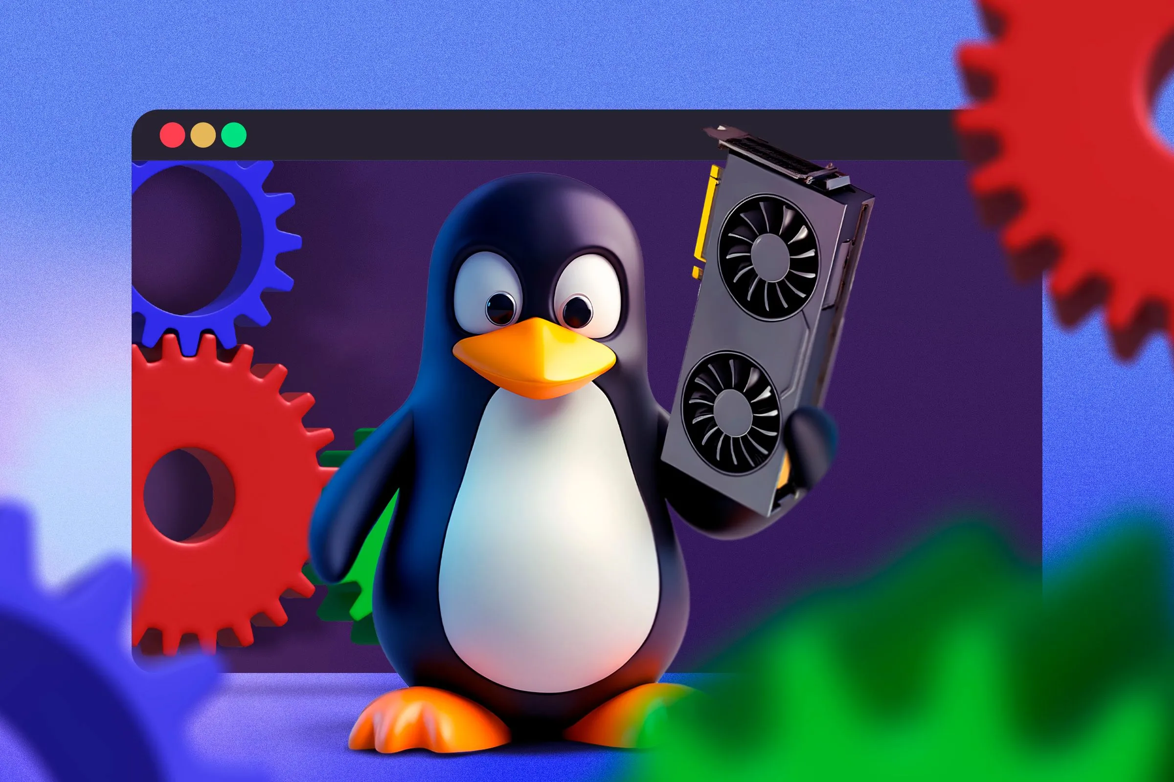 Linh vật Tux của Linux cầm card đồ họa (GPU) và bánh răng, minh họa khả năng hoạt động hiệu quả của Linux trên phần cứng cũ