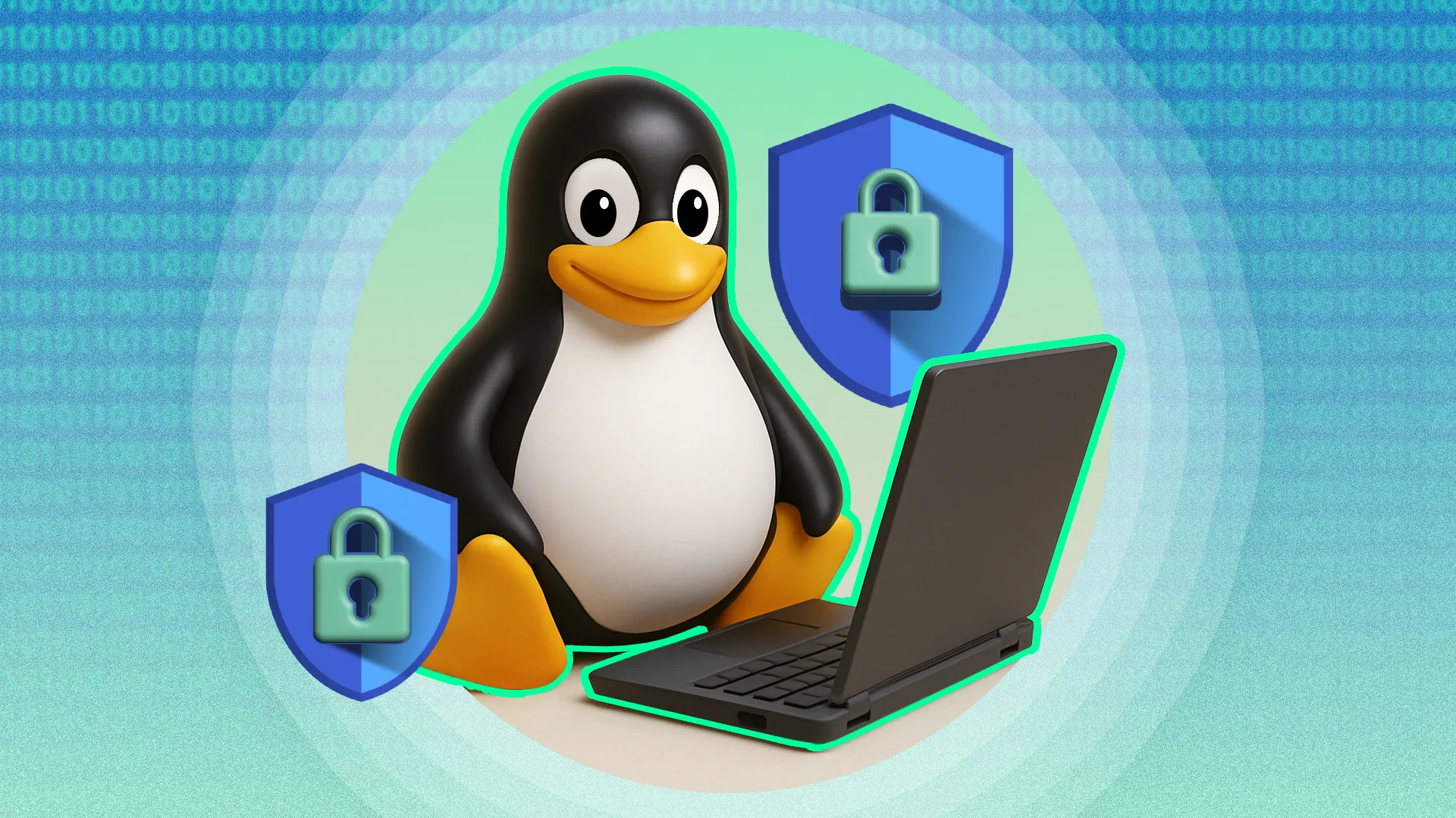 Linh vật Tux của Linux ngồi cạnh laptop với khiên bảo mật, biểu tượng cho tính năng bảo mật mạnh mẽ của Linux